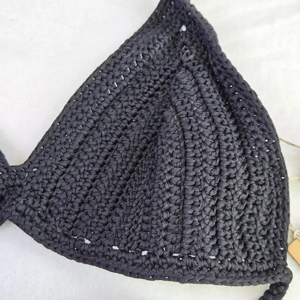 Skims Crochet Swim Triangle Bikini Top M Black Onyx Knit String Boho Beach NWT